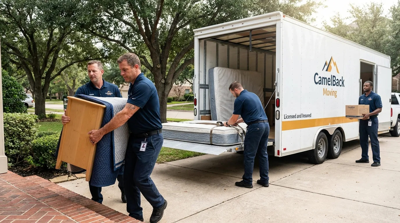 Crew loading residential truck for cross-state move from Island Park, NY