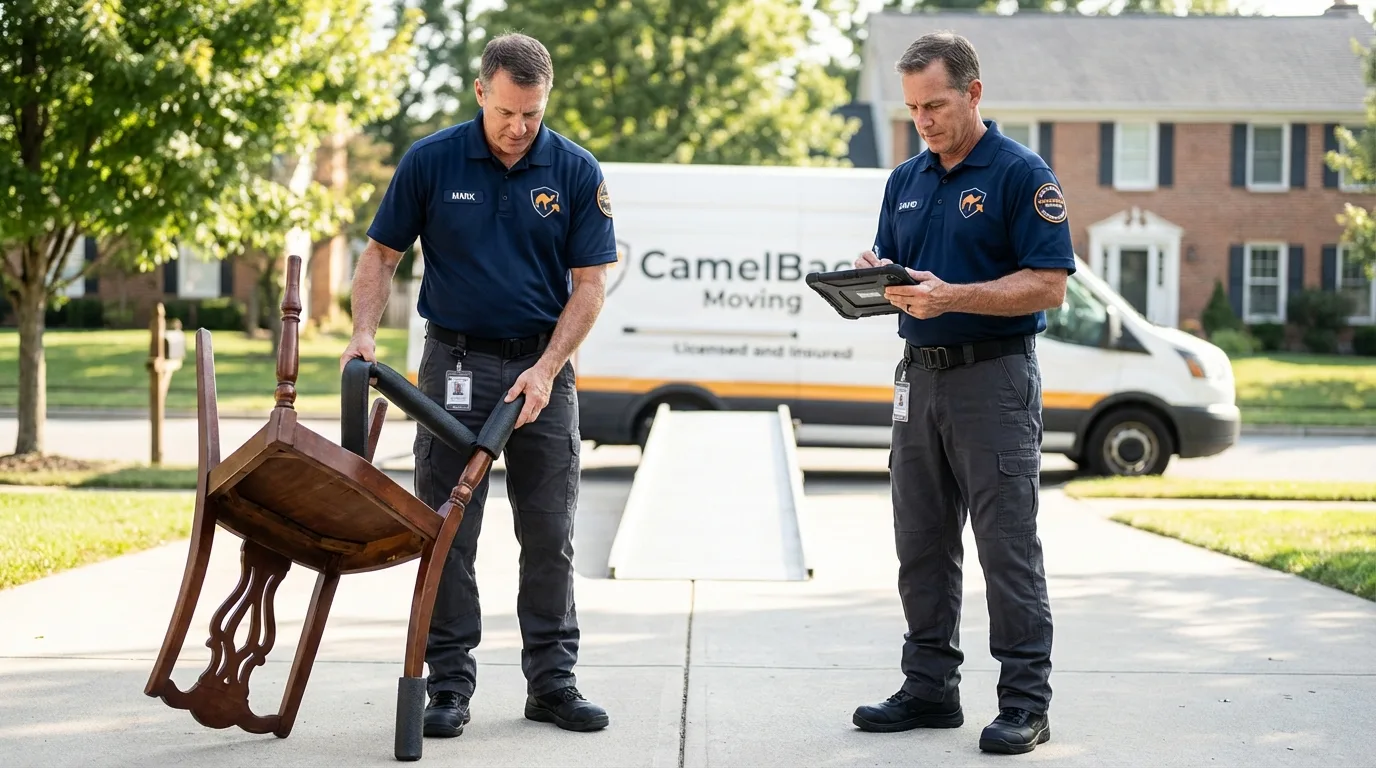 Movers inspecting furniture for damage prevention before loading in Island Park, NY