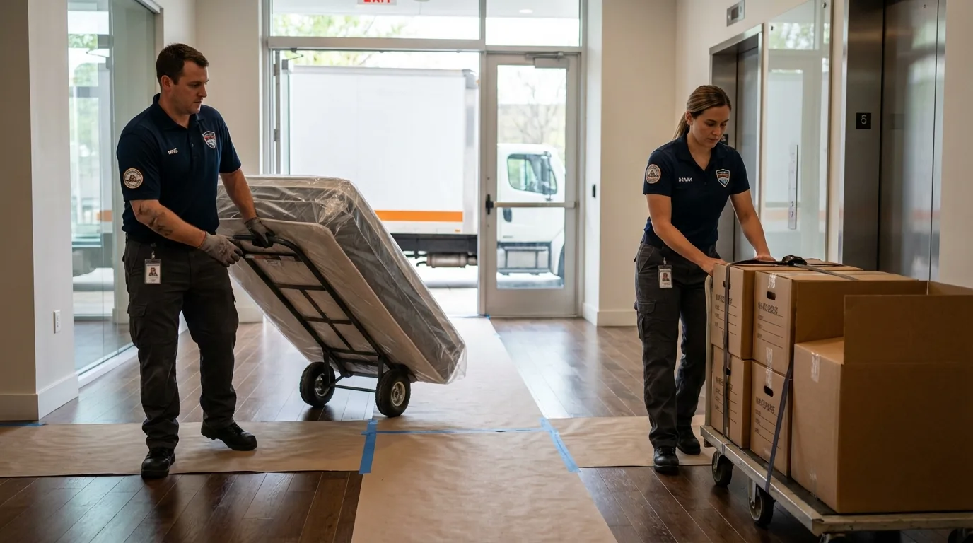 Professional apartment movers loading elevator in Island Park, NY