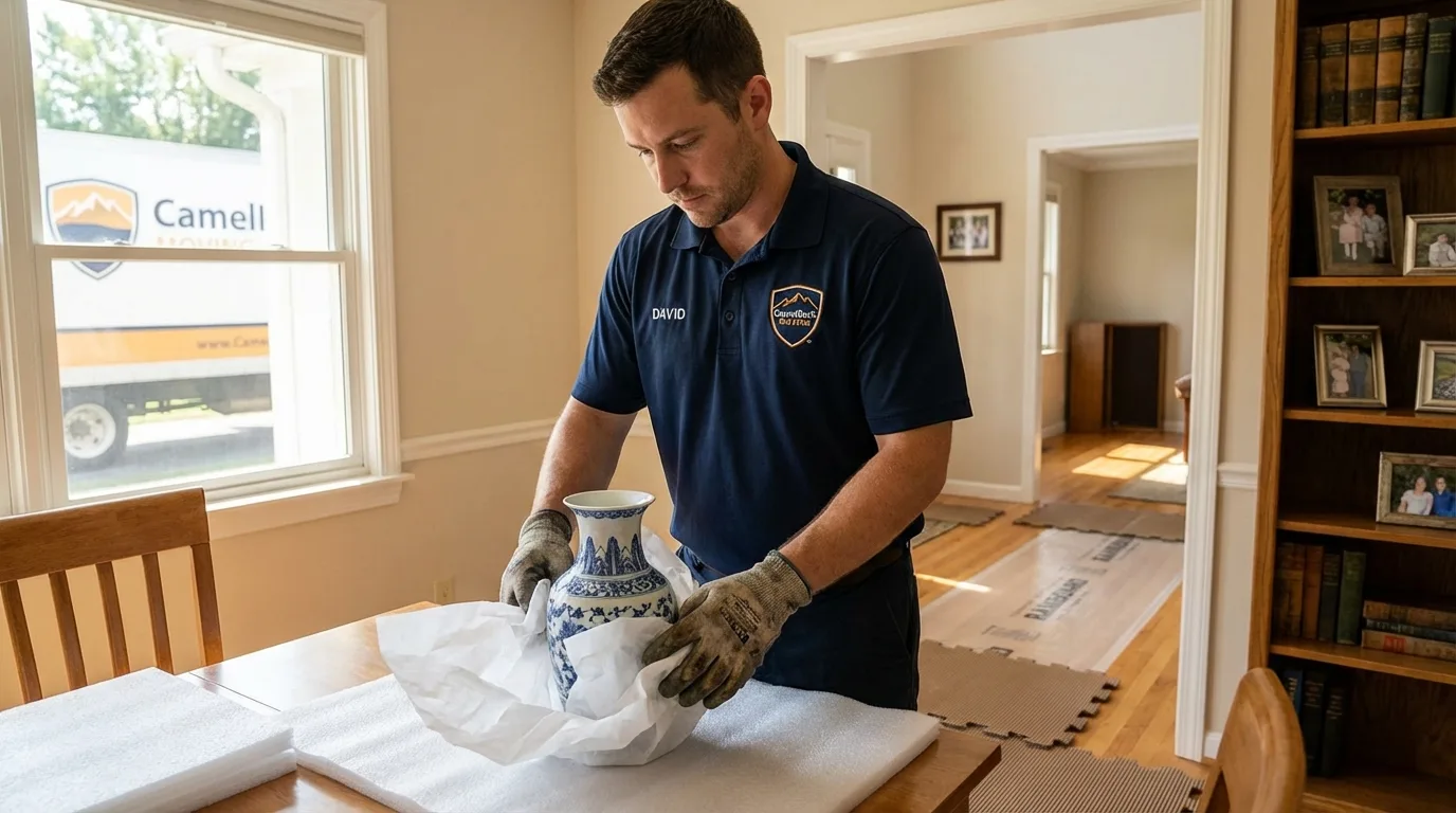 Professional crew carefully wrapping antique vase for senior downsizing move in Island Park, NY