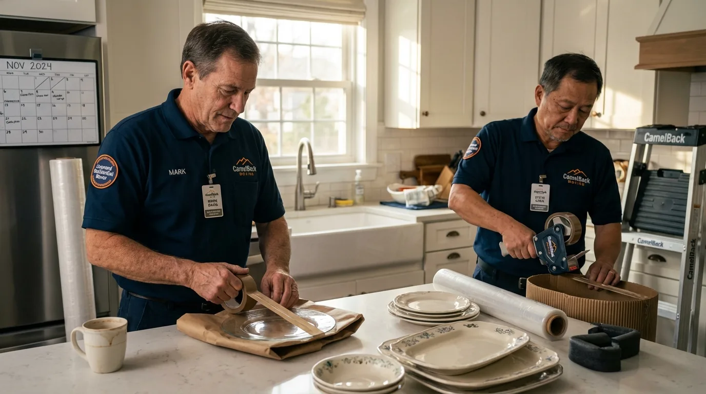 Professional crew packing kitchen dishware in Island Park, NY